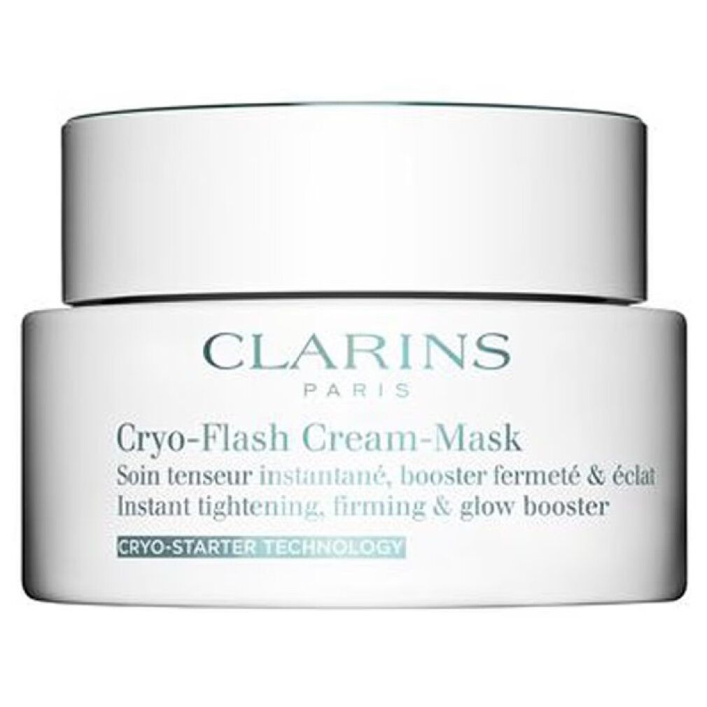 Weißer Tiegel mit Deckel. Aufschrift: Clarins, Cryo-Flash Cream-Mask. Text: Instant tightening, firming & glow booster.