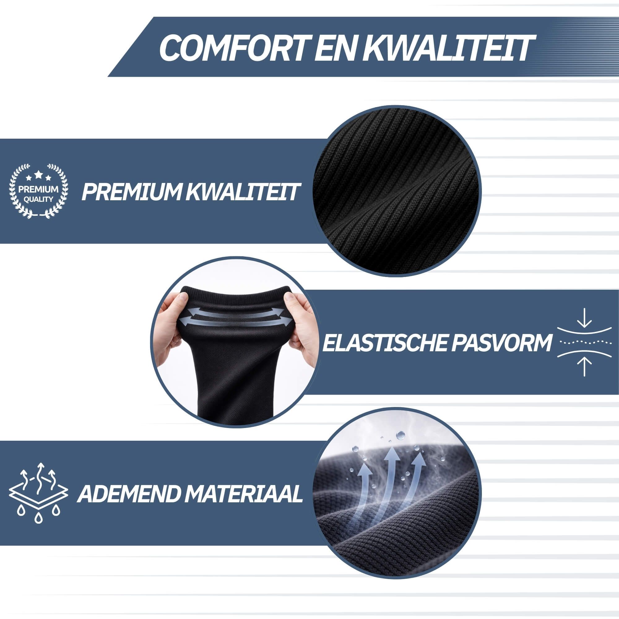 Schwarze Kompressionsstrümpfe mit gerippter Textur und elastischer Passform. Atmungsaktives Material.