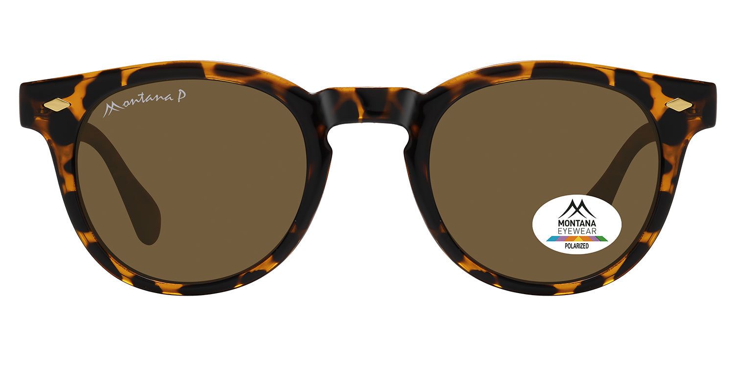 Sonnenbrille mit braunen Gläsern und Schildpatt-Muster. Logo und "Polarized"-Aufkleber auf dem Glas. Marke: Montana Eyewear.