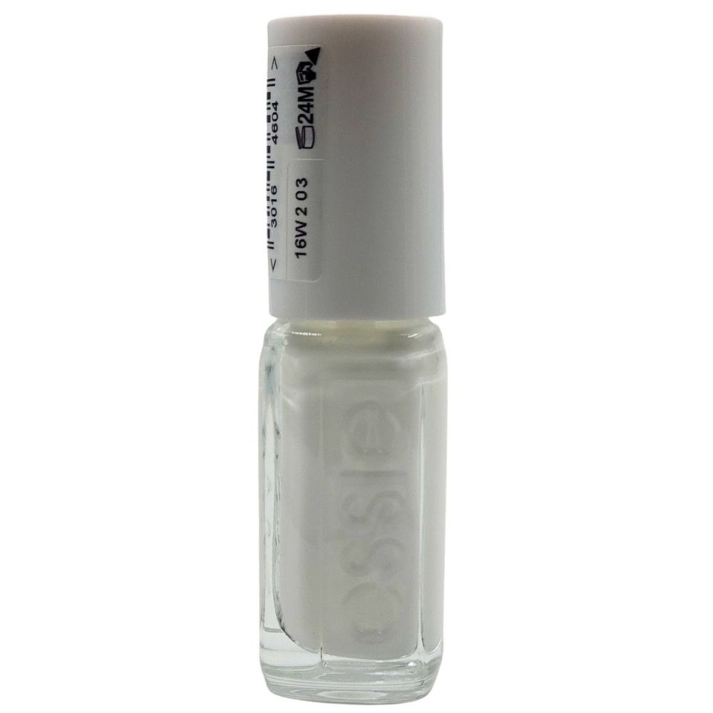 Essie Mini-Nagellackflasche, weiß. Mit weißem Deckel und Etikett.