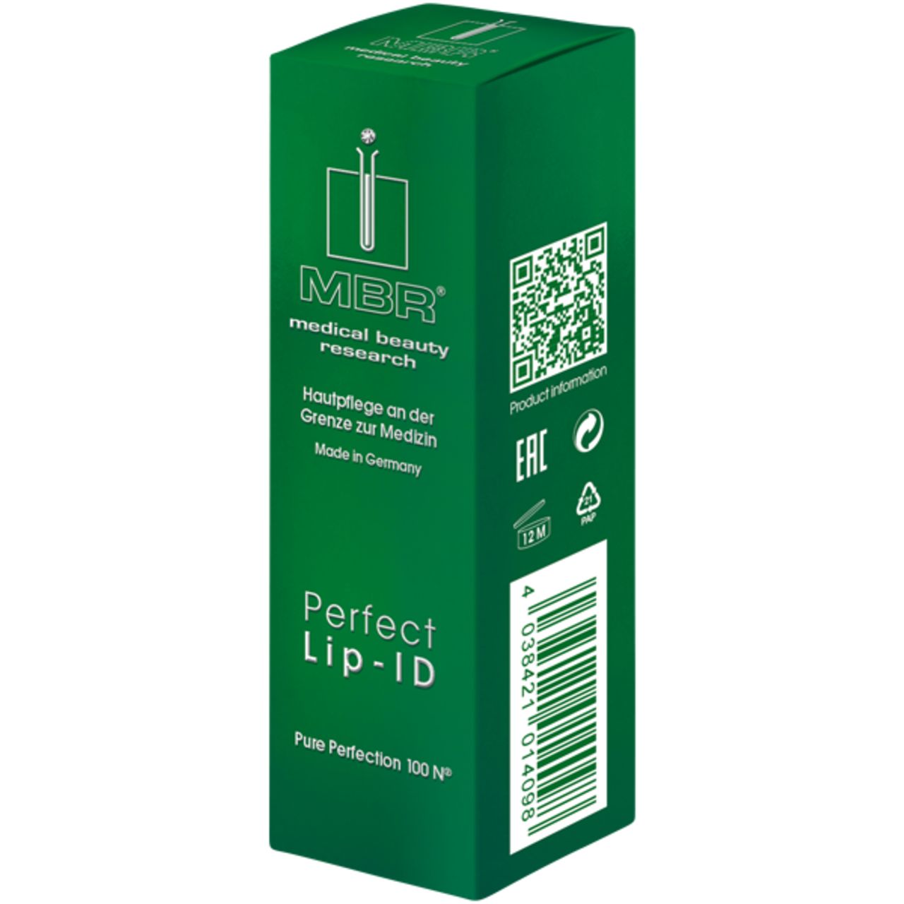 Grüne Verpackung mit weißer Schrift. Aufdruck: MBR, Perfect Lip-ID. Text in Deutsch und Englisch. Mit QR-Code und Barcode.