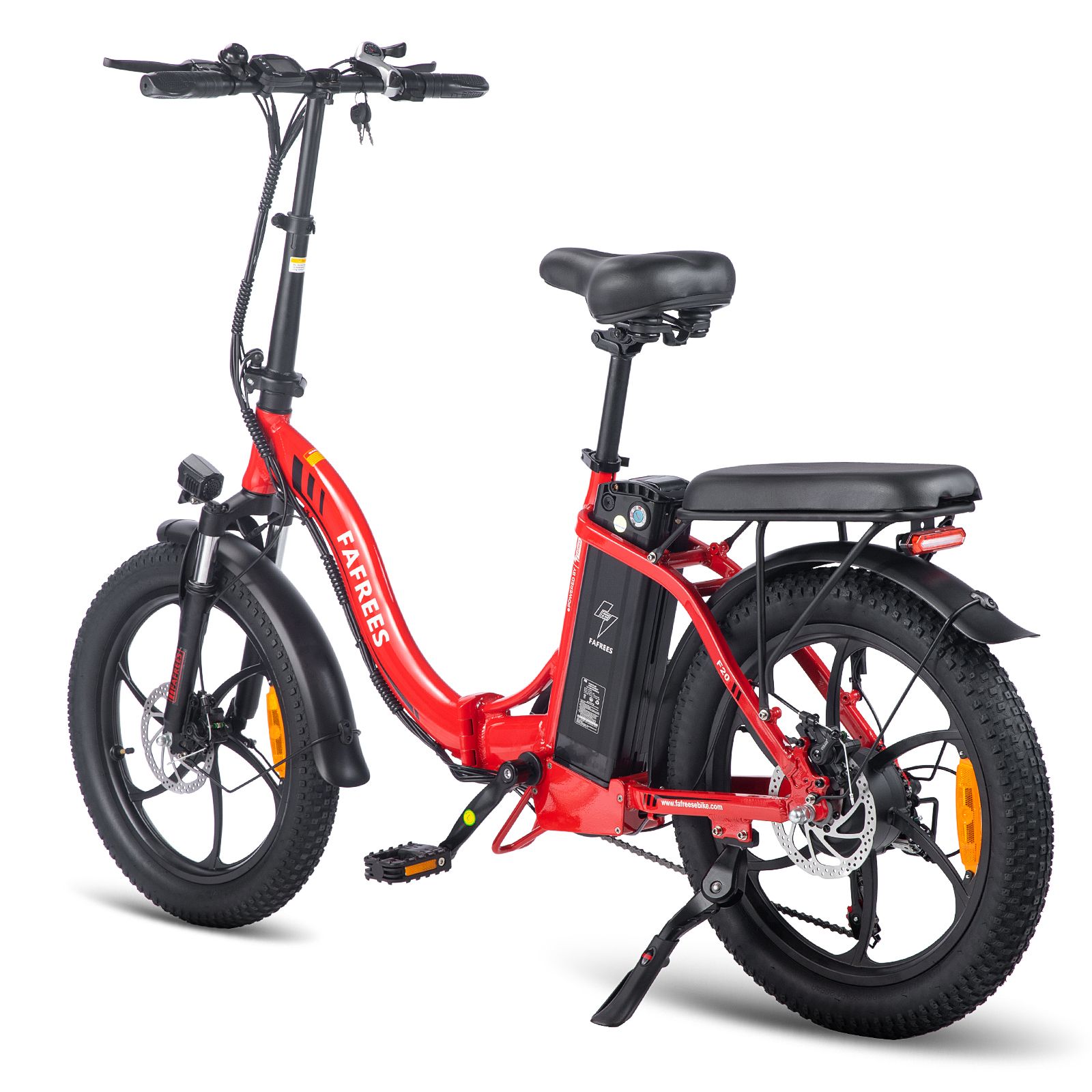 Rotes FAFREES F20 Klapp-E-Bike. Schwarze Reifen, Sattel und Gepäckträger. Akku am Rahmen. Beleuchtung und Schutzbleche.