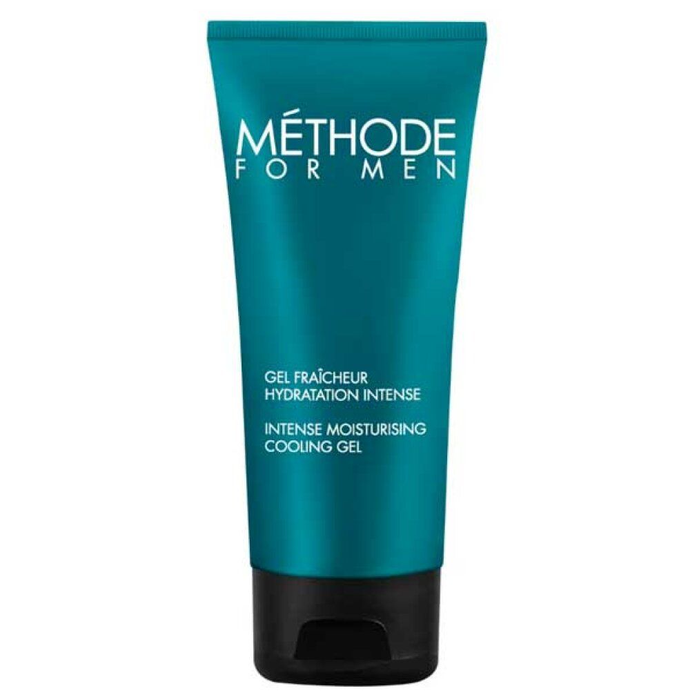 Türkisfarbene Tube mit schwarzem Deckel. Aufschrift: MÉTHODE FOR MEN, Gel fraîcheur, Hydratation intense, Intense Moisturising Cooling Gel.