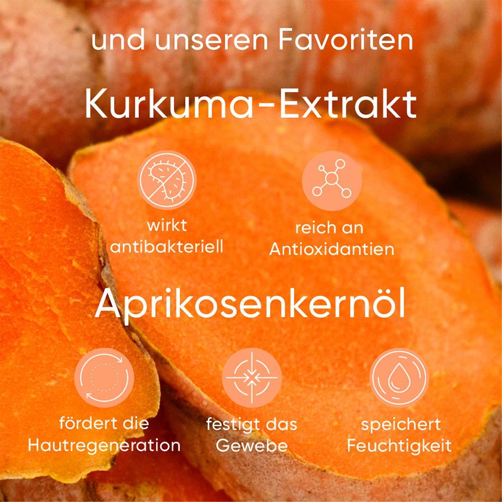 Grafik mit Text. Text: Kurkuma-Extrakt, wirkt antibakteriell, reich an Antioxidantien, Aprikosenkernöl.