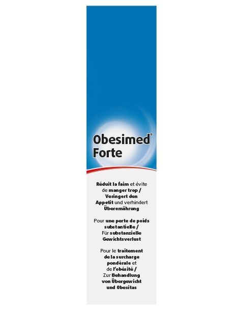 Lange, schmale Verpackung von Obesimed Forte. Blaue Oberfläche mit Produktnamen und Anwendungsbeschreibungen.