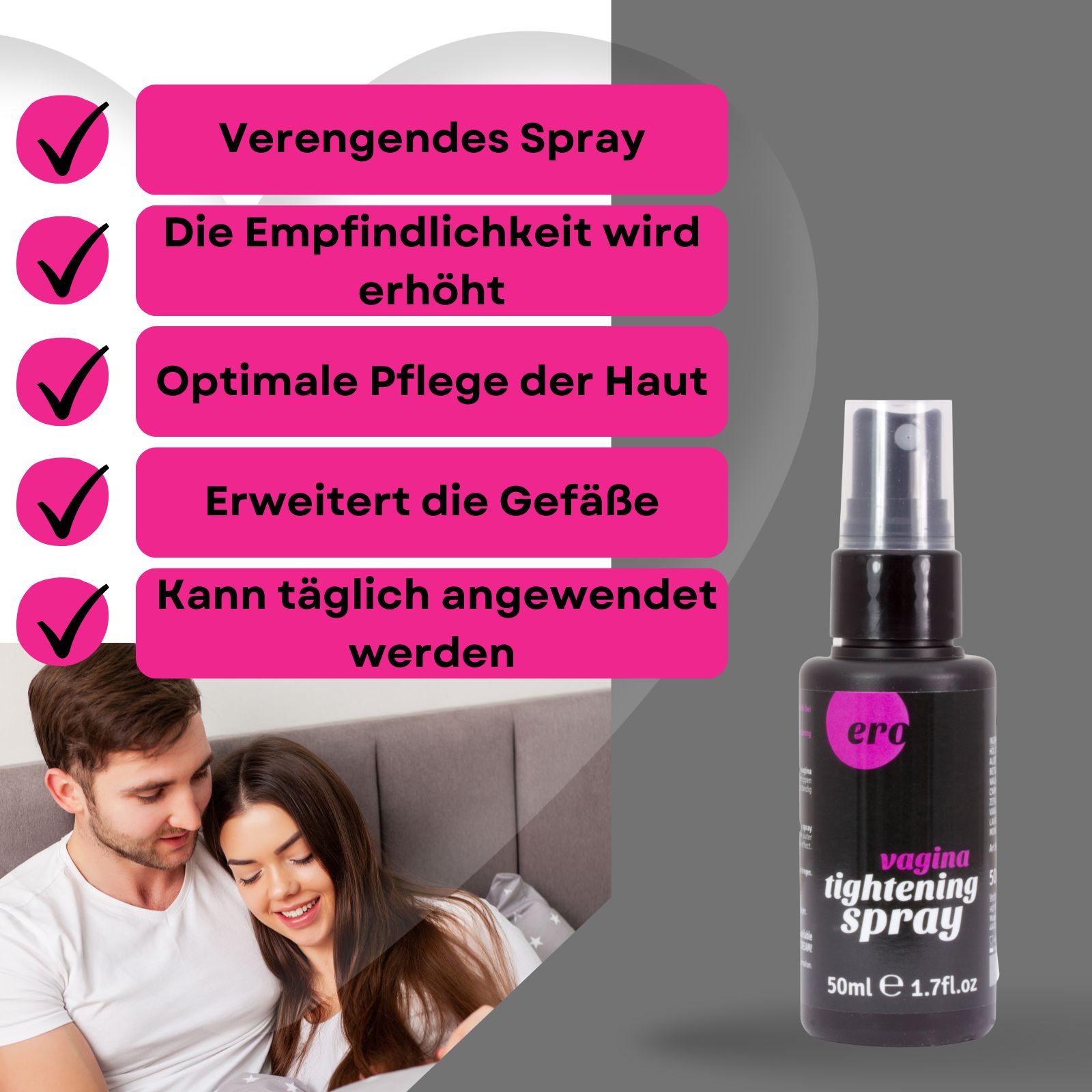 Produkt und Verpackung. Schwarze Flasche und rosa und weiße Schachtel. Paar im Hintergrund.