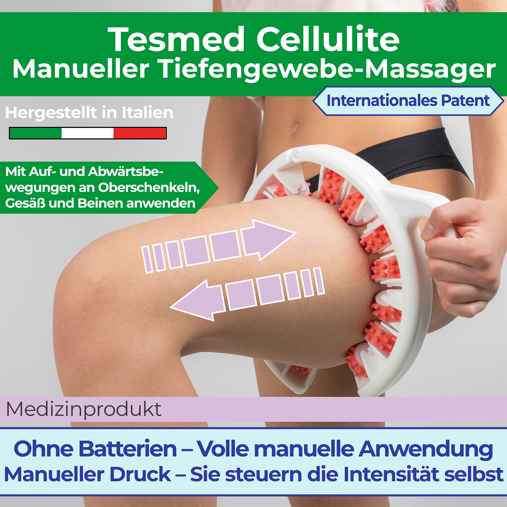 Massagegerät an Oberschenkel. Text: Tesmed Cellulite, Manuelle Tiefengewebe-Massage, Made in Italy, Patent.