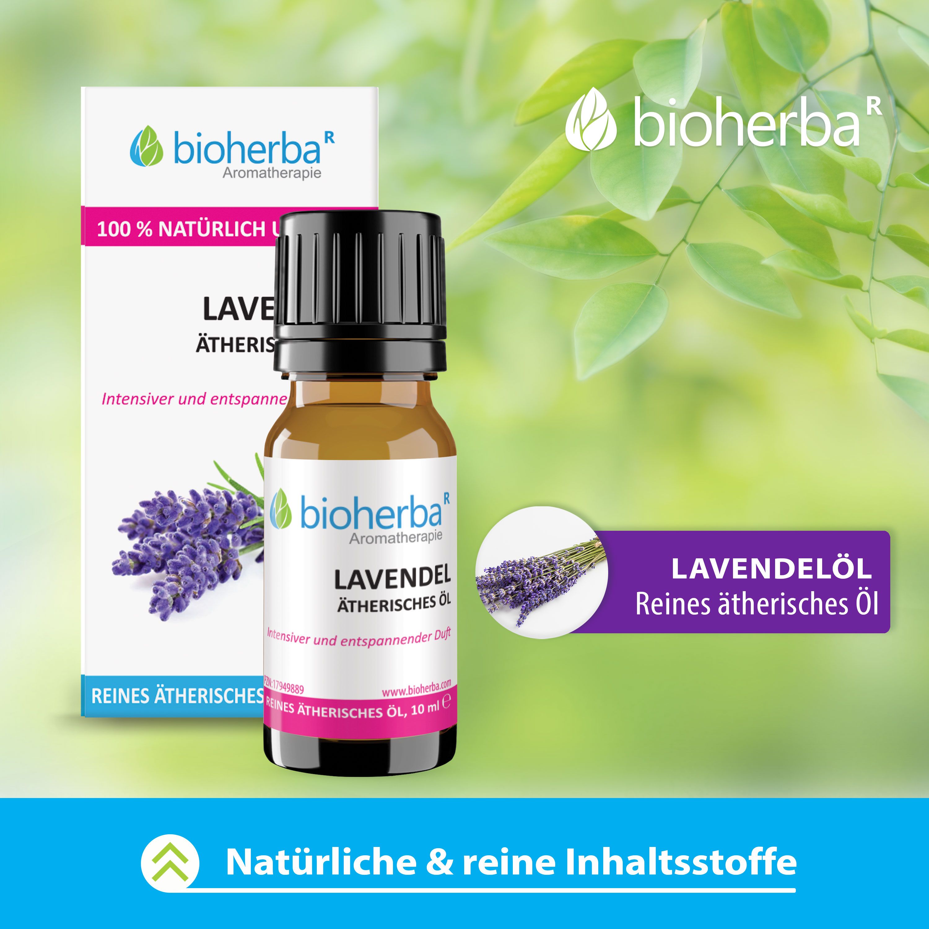 Braune Glasflasche mit schwarzem Deckel und Etikett. Daneben eine weiße Schachtel mit Produktinformationen und Lavendel-Illustration.