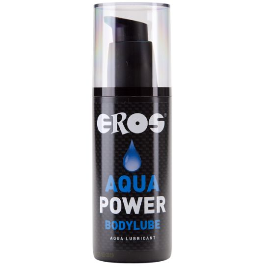 Schwarze Flasche mit Pumpverschluss. Aufschrift: EROS, AQUA POWER, BODYLUBE. Blaue Tropfen-Grafik.