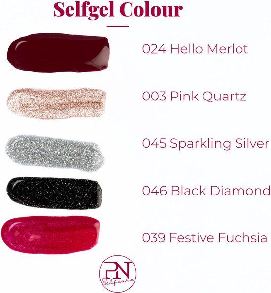 Farbübersicht von Nagellacken. Aufschrift "selfgel colour". Farben: Hello Merlot, Pink Quartz, Sparkling Silver, Black Diamond, Festive Fuchsia.