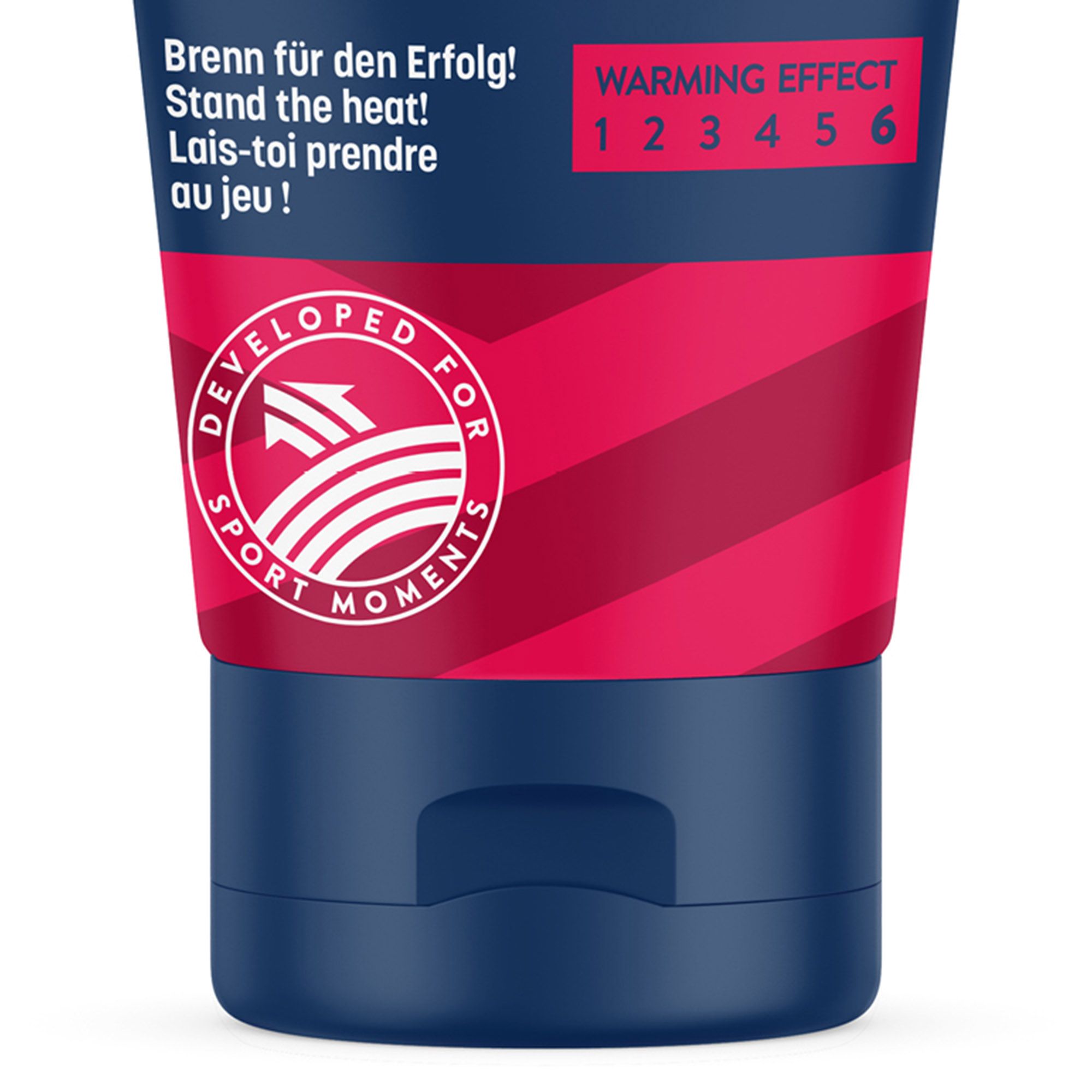 Detailansicht der Tube. Roter Bereich mit weißer Schrift. Enthält Text: Warming Effect 1-6. Logo: Sport Lavit.
