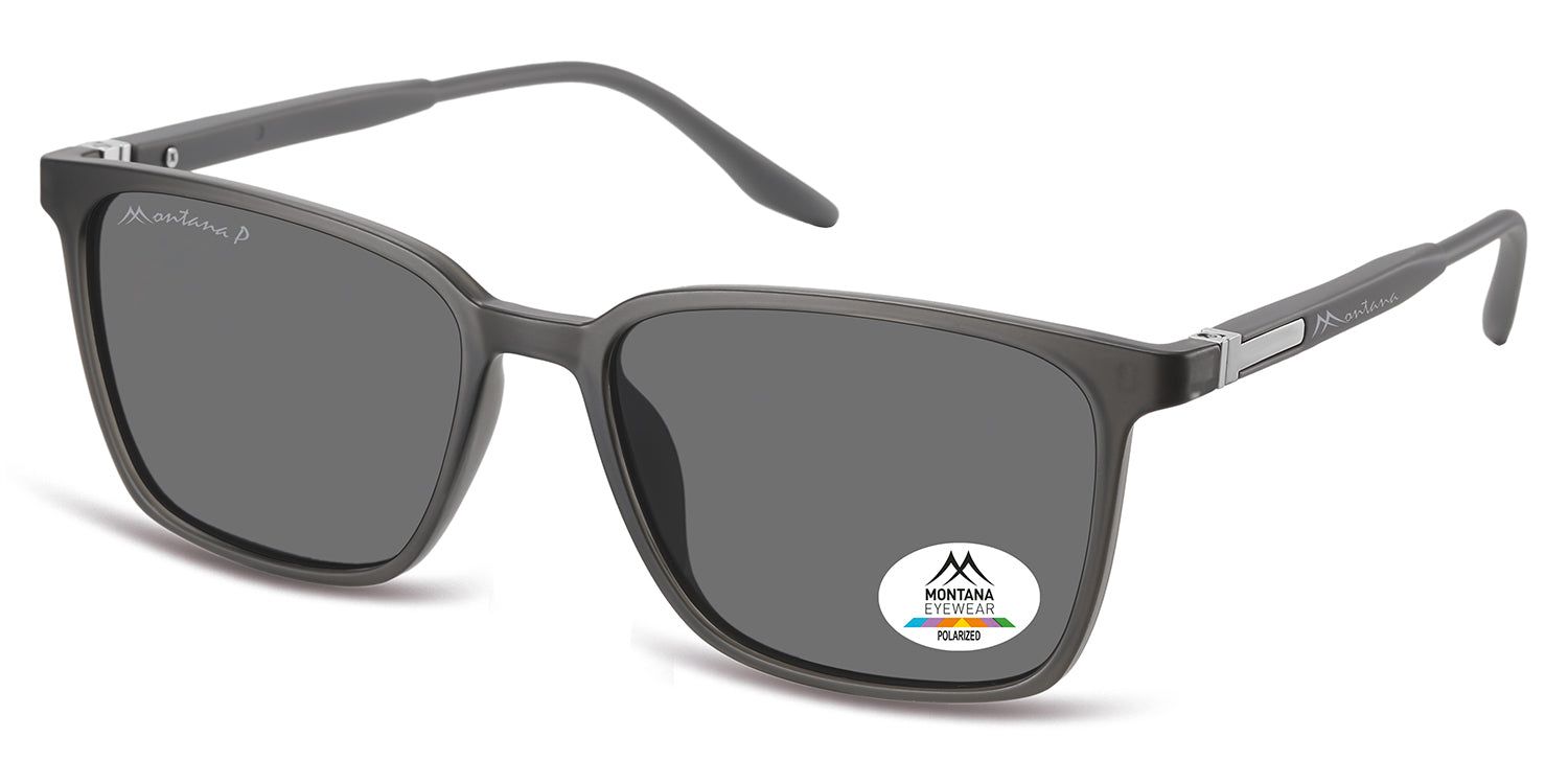 Graue Sonnenbrille mit rechteckigen Gläsern. Logo "Montana Eyewear" am Bügel. Aufkleber "Polarized".