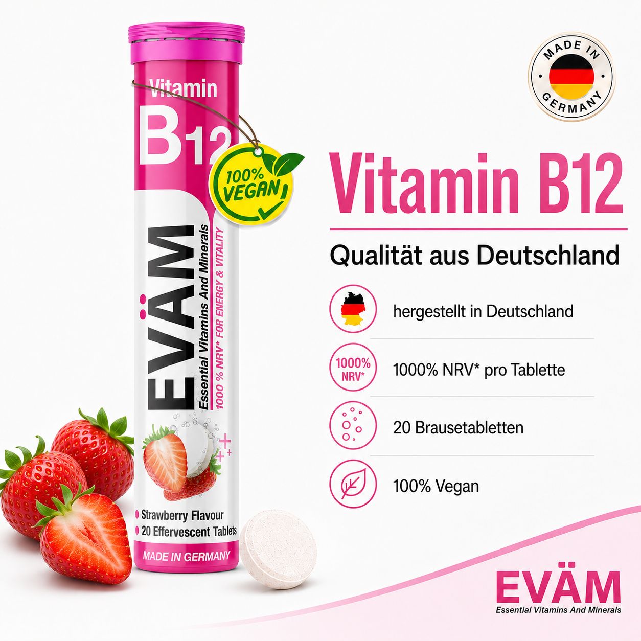 EVÄM Vitamin B12 Brausetabletten: 20 Stück, Erdbeergeschmack. Mit 100% vegan Siegel. Hergestellt in Deutschland. Enthält Erdbeeren.