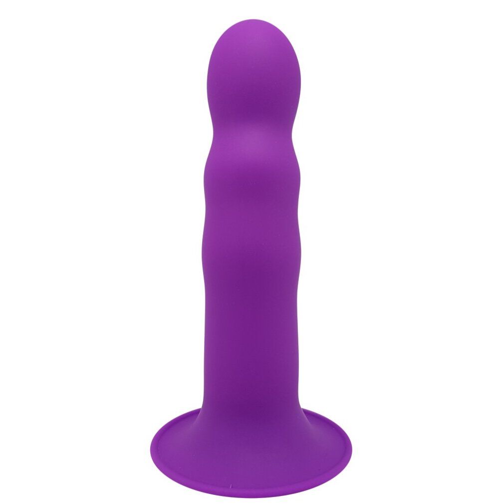 Lila Dildo mit geriffelter Oberfläche und breiter Basis. Produktname nicht sichtbar.