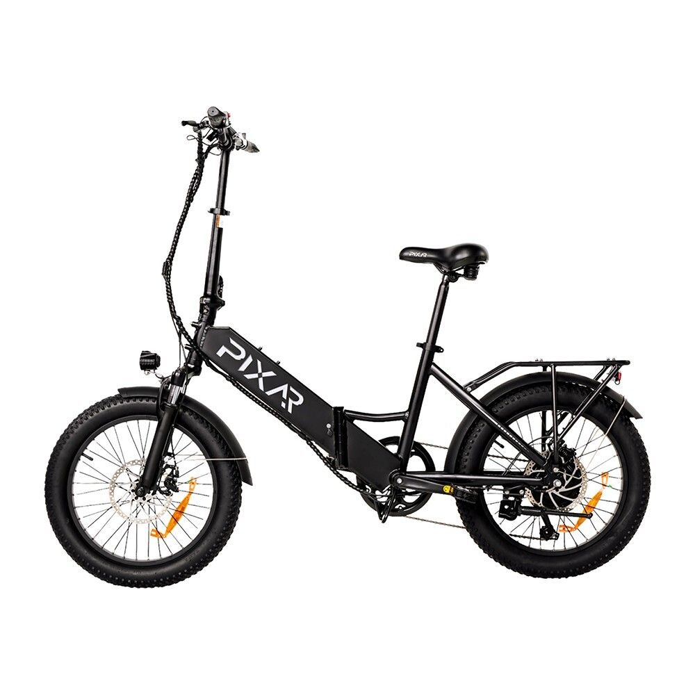 Schwarzes, faltbares Elektrofahrrad. Marke PIXAR. Breitreifen, Gepäckträger, Sattel, Lenker. Akku am Rahmen.