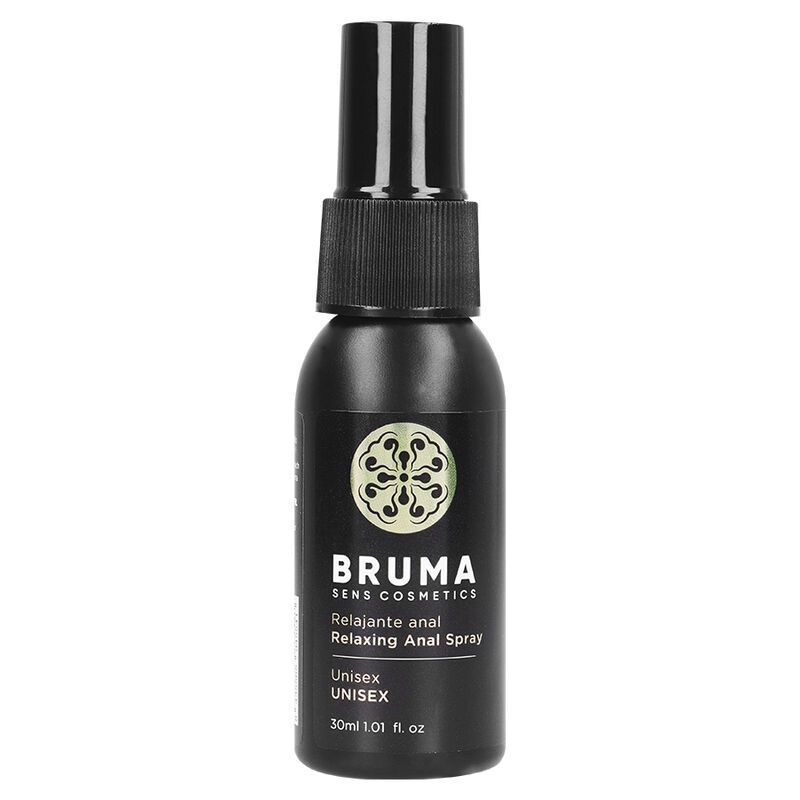 Schwarze Sprühflasche mit "BRUMA SENS COSMETICS" und "Relaxing Anal Spray" Aufschrift, 30ml.