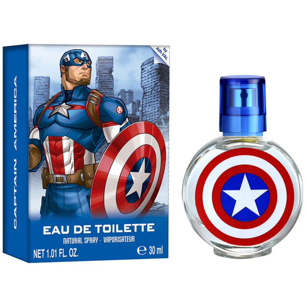 Flakon und Verpackung. Flakon rund, Captain America-Schild. Verpackung blau, Captain America-Illustration, Text.