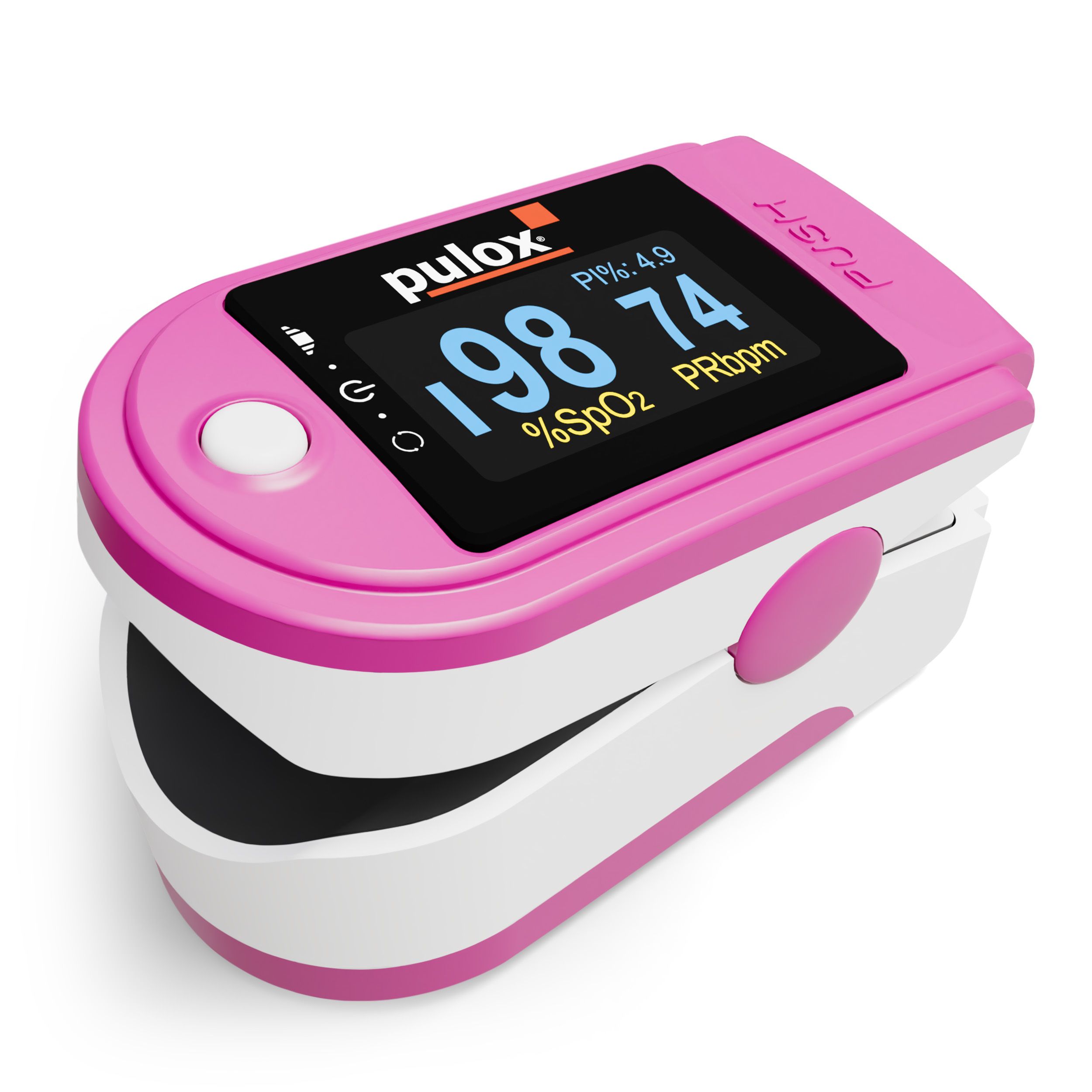 Pinkes Pulsoximeter, Nahaufnahme. Zeigt Sauerstoffsättigung und Pulsfrequenz. Mit Display und Bedienknopf.