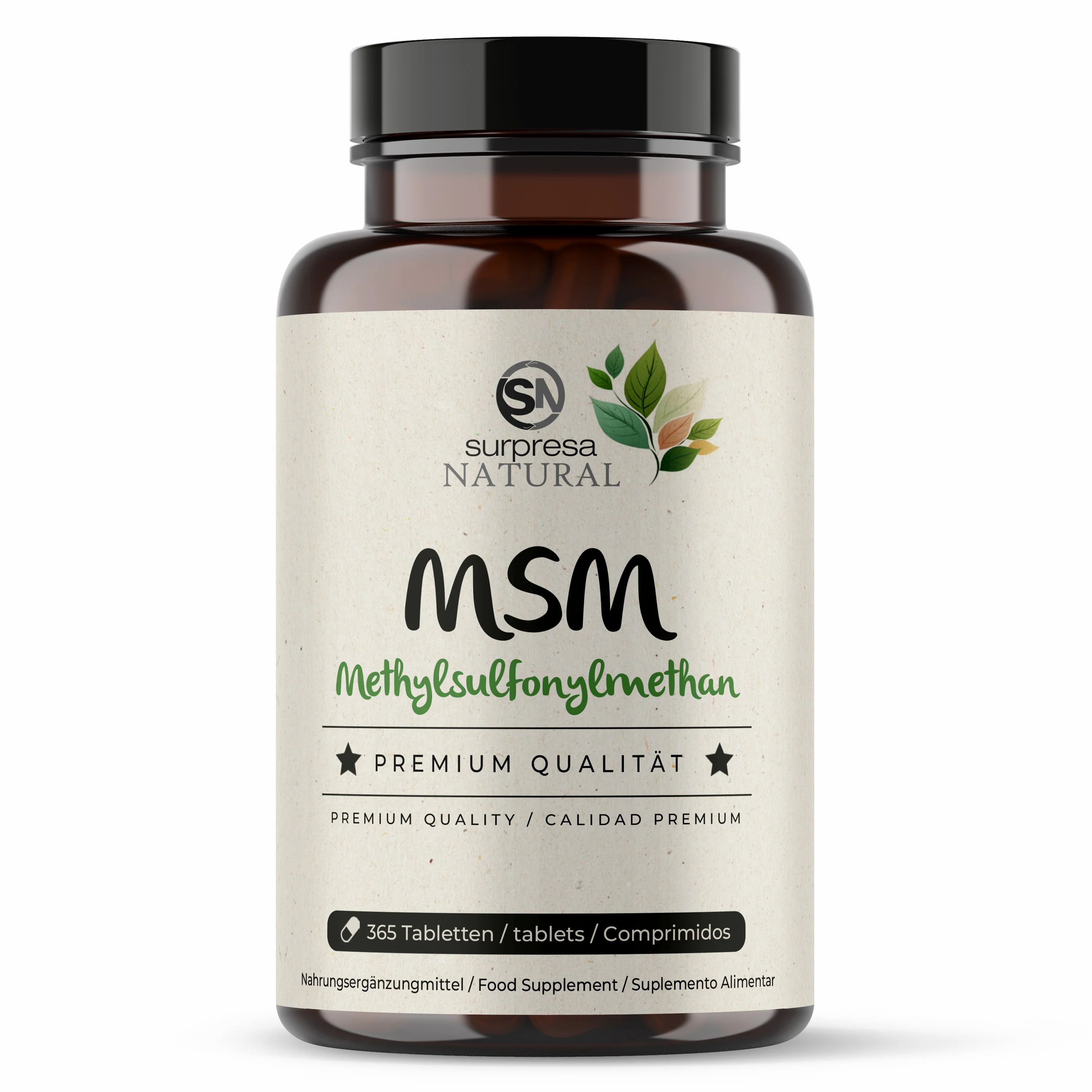 Braune Tablettenflasche mit Etikett. Aufschrift: Surpresa Natural MSM, Methylsulfonylmethan, Premium Qualität. 365 Tabletten.