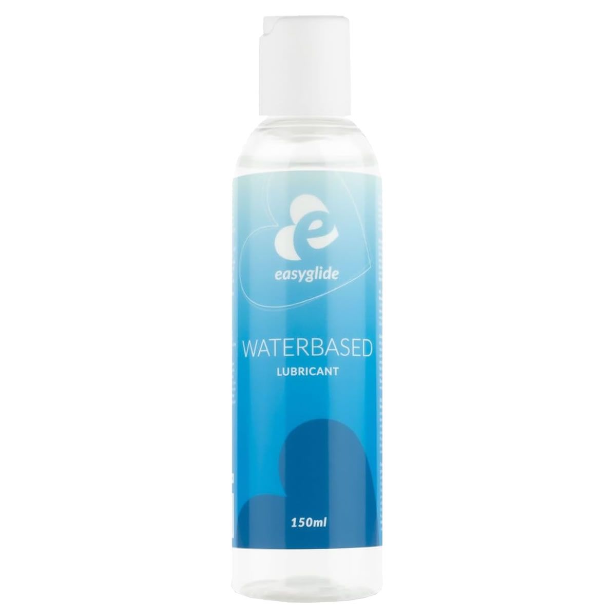 Flasche mit blau-weißem Etikett. Aufschrift: WATERBASED LUBRICANT, 150ml. Logo: easyglide. Transparente Flüssigkeit.