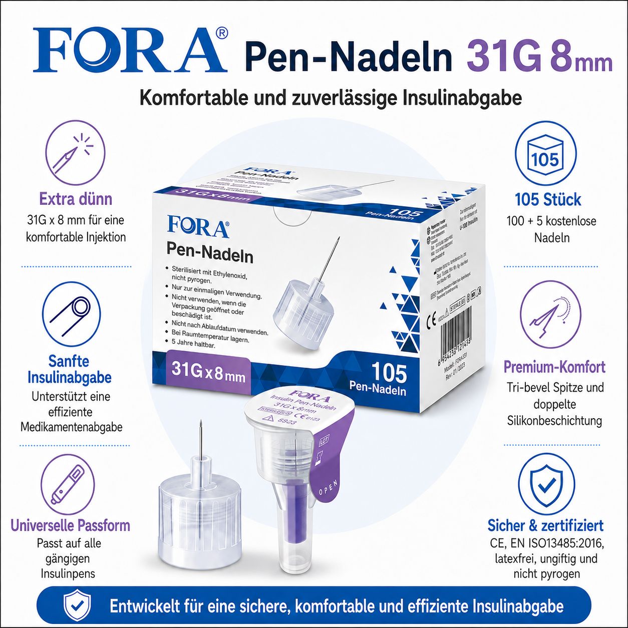 FORA Pen-Nadeln 31G x 8mm. Extra dünn, sanfte Insulinabgabe, universell passend. 105 Stück.