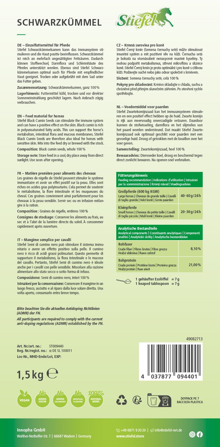 Produktinformationen zu Schwarzkümmelsamen. Text in Deutsch, Tschechisch, Französisch und Italienisch. Enthält Nährwertangaben und Fütterungsempfehlungen.