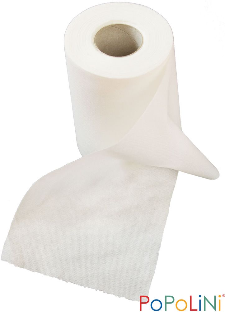 Rolle Popli Super Vliesrolle. Weißes Vlies, teilweise abgerollt. Produktname unten rechts.