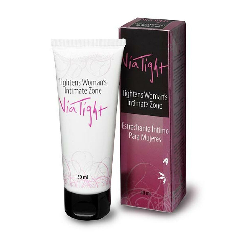 Creme-Tube und Schachtel. Aufschrift: ViaTight, Tightens Woman's Intimate Zone. 50 ml.