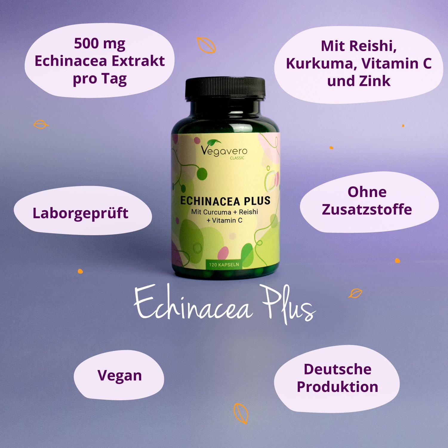 Produktflasche mit Text. Stichworte: Reishi, Kurkuma, Vitamin C, Zink, ohne Zusätze, vegan, deutsche Produktion.