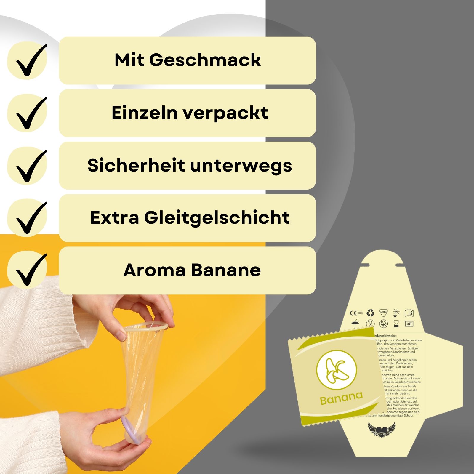 Kondomverpackung mit Text: Mit Geschmack, einzeln verpackt, Sicherheit unterwegs, extra Gleitgelschicht, Aroma Banane.