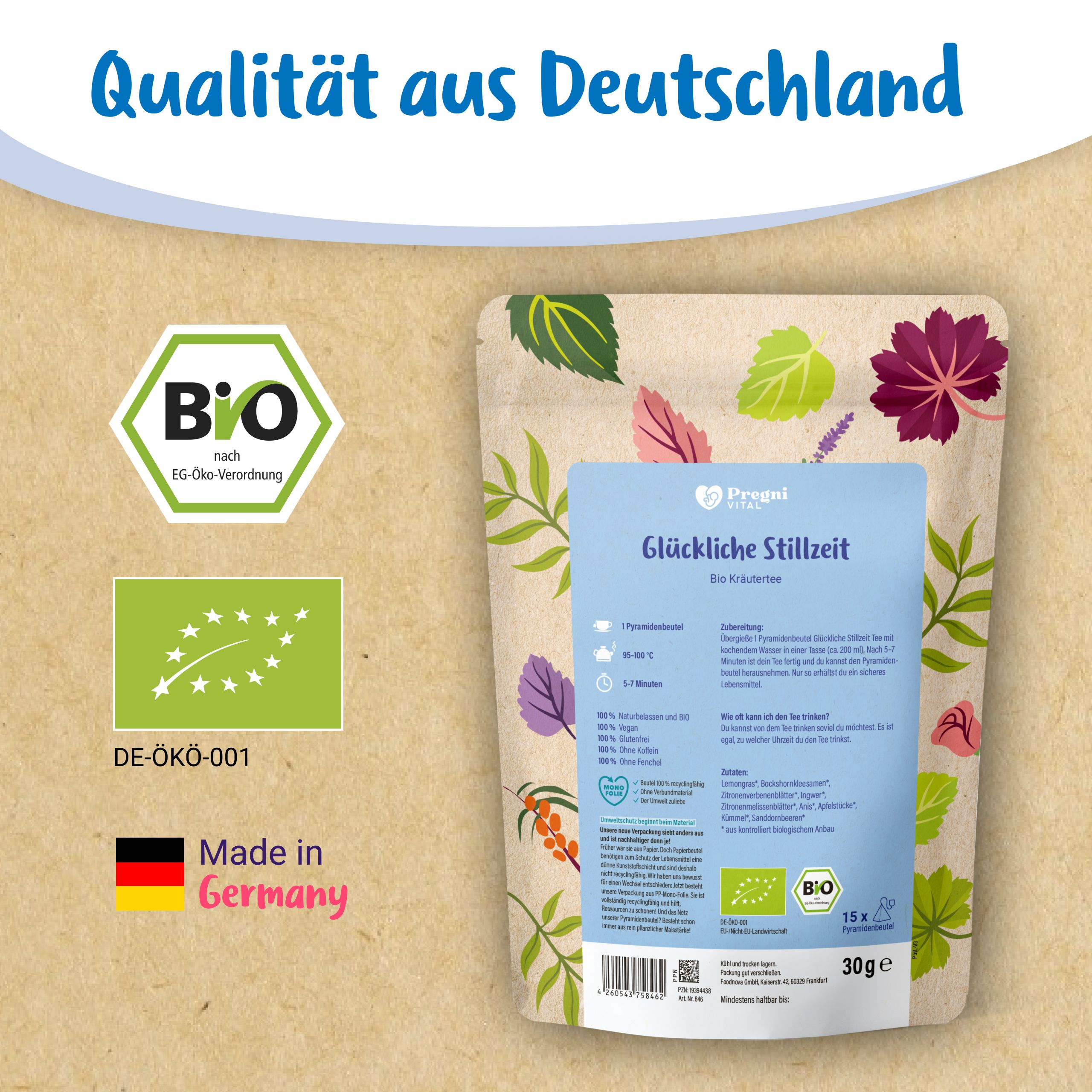 BIO Kräutertee Beutel, Made in Germany, BIO Siegel und EU-Blatt-Logo.