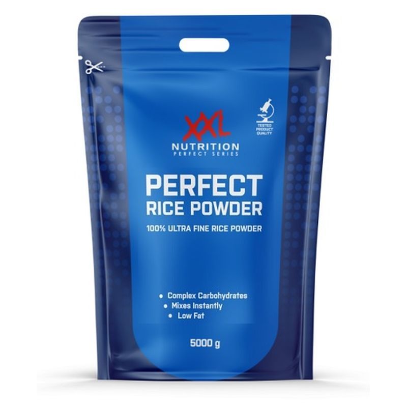 Blaue Verpackung von XXL Nutrition Perfect Rice Powder. Enthält 5000g. Mit Aufschrift '100% Ultra Fine Rice Powder'.
