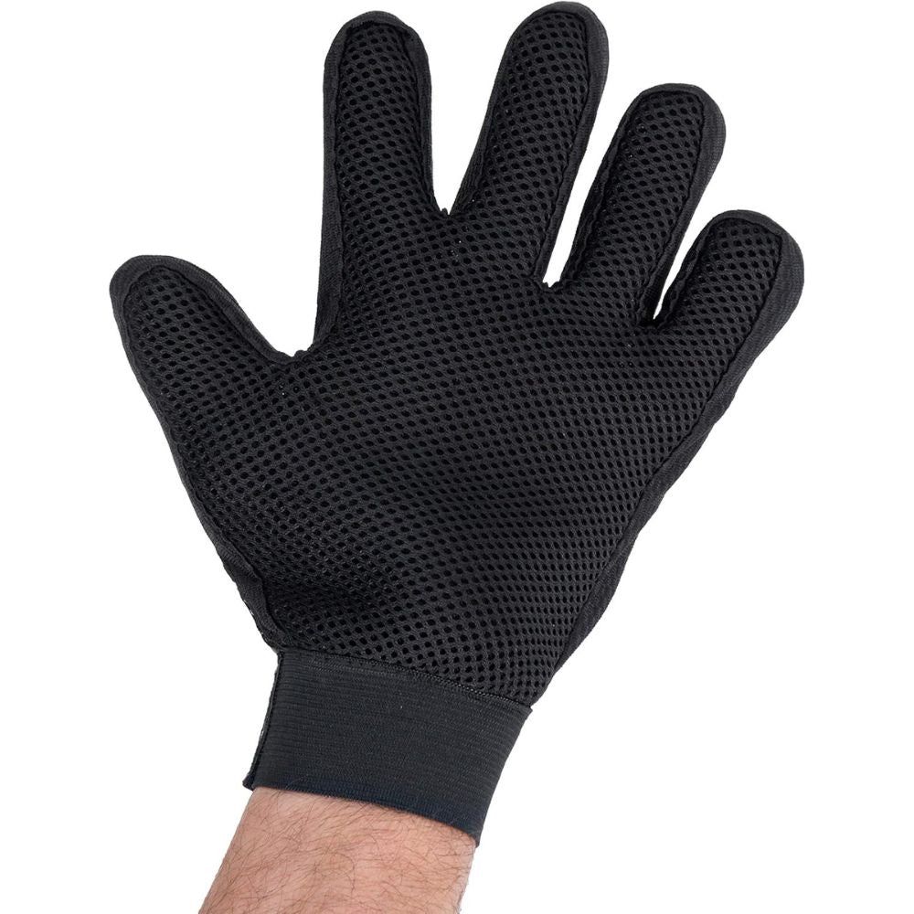 Schwarzer Mesh-Handschuh mit schwarzem Handgelenkband. Für Haustiere.