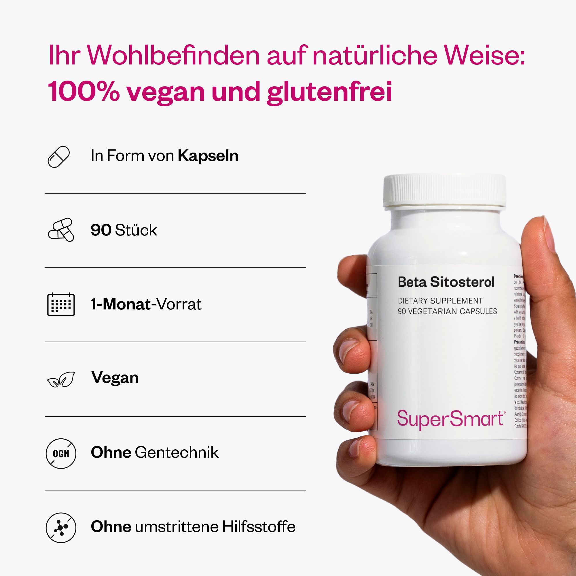 Hand hält eine weiße Flasche mit Beta-Sitosterol-Kapseln. Text: Beta Sitosterol, 90 vegetarische Kapseln. Marke: SuperSmart. 100% vegan und glutenfrei.