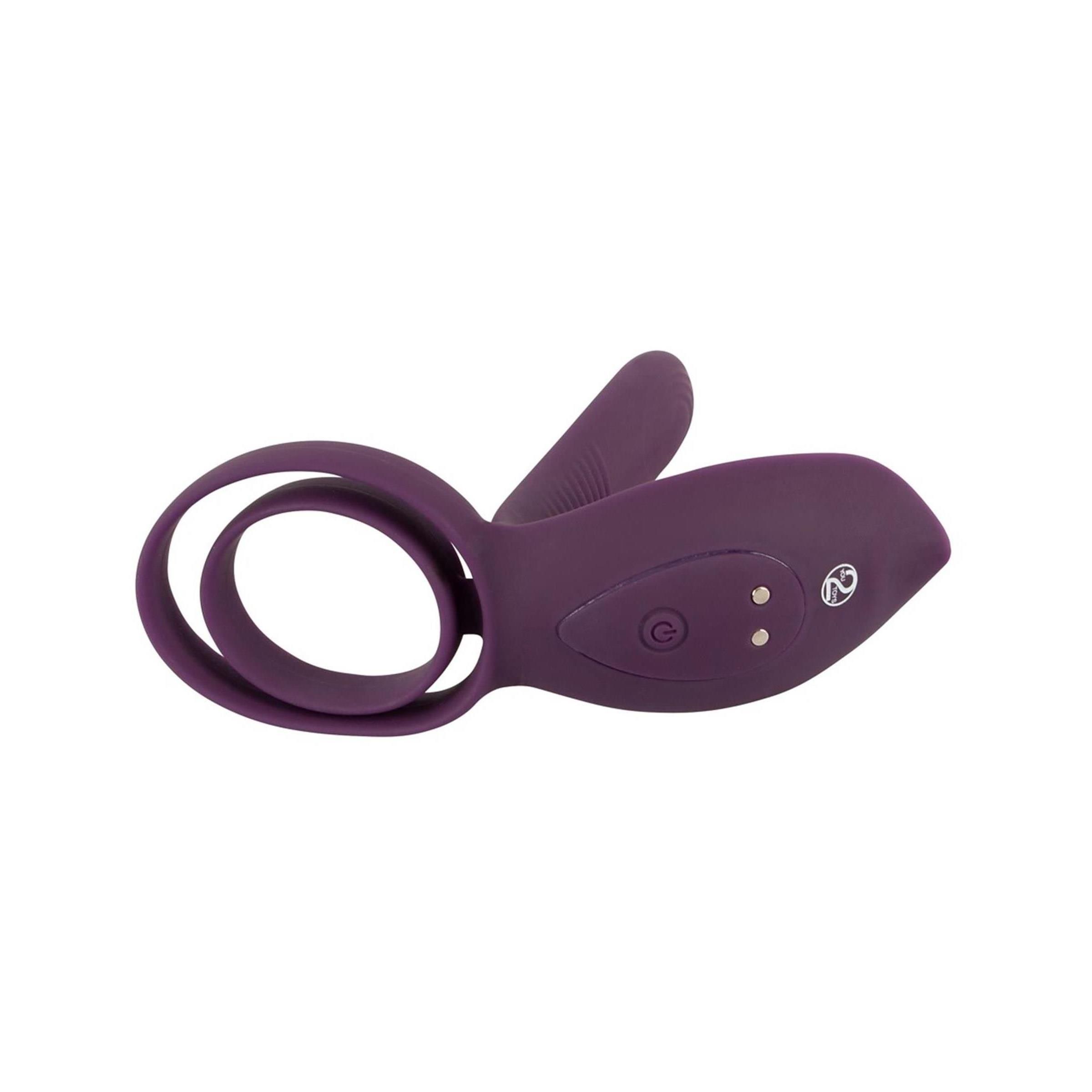 Lila Vibrator mit Ring. Mit Knöpfen. Ansicht von oben.