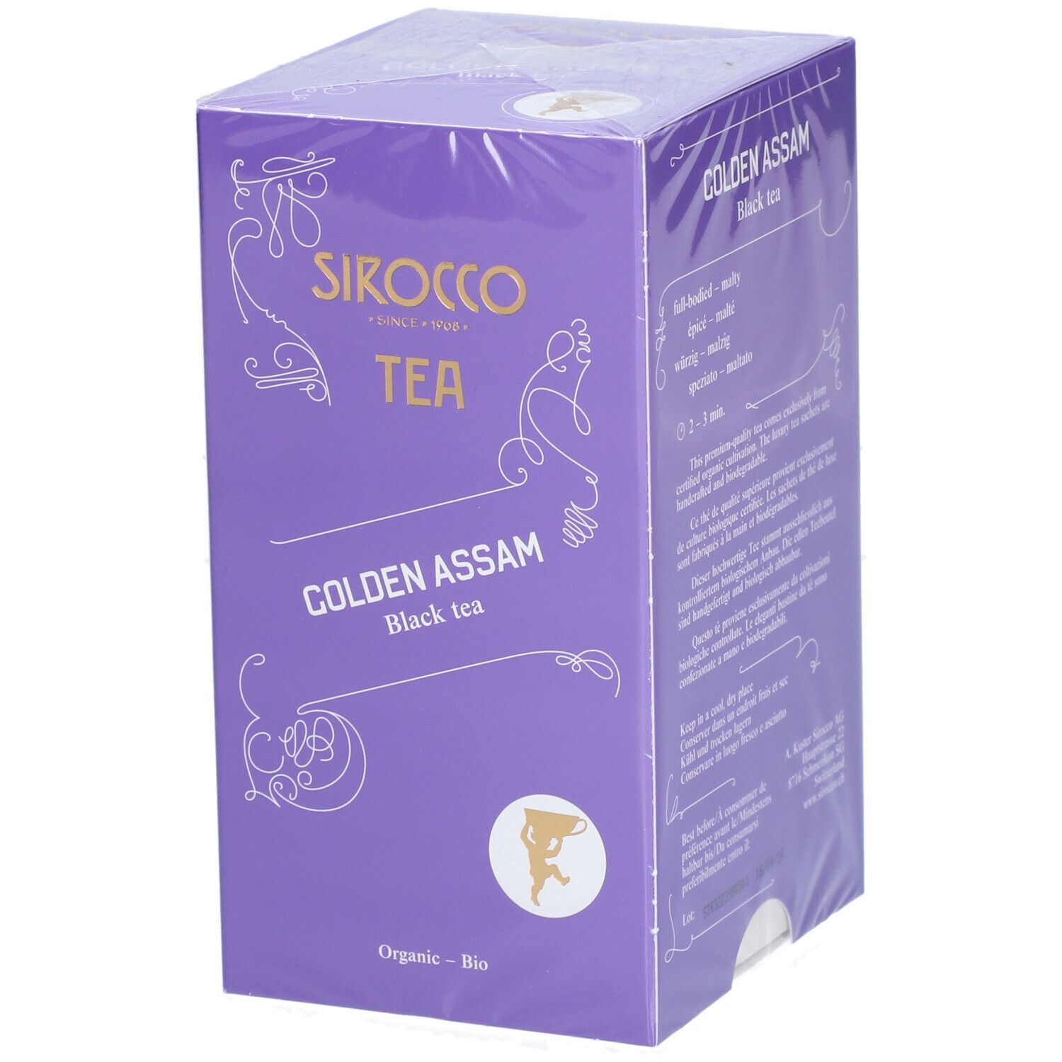 Violette Verpackung mit "Sirocco Tea Golden Assam" Aufschrift. Bio-Siegel unten. Durchsichtige Folie.