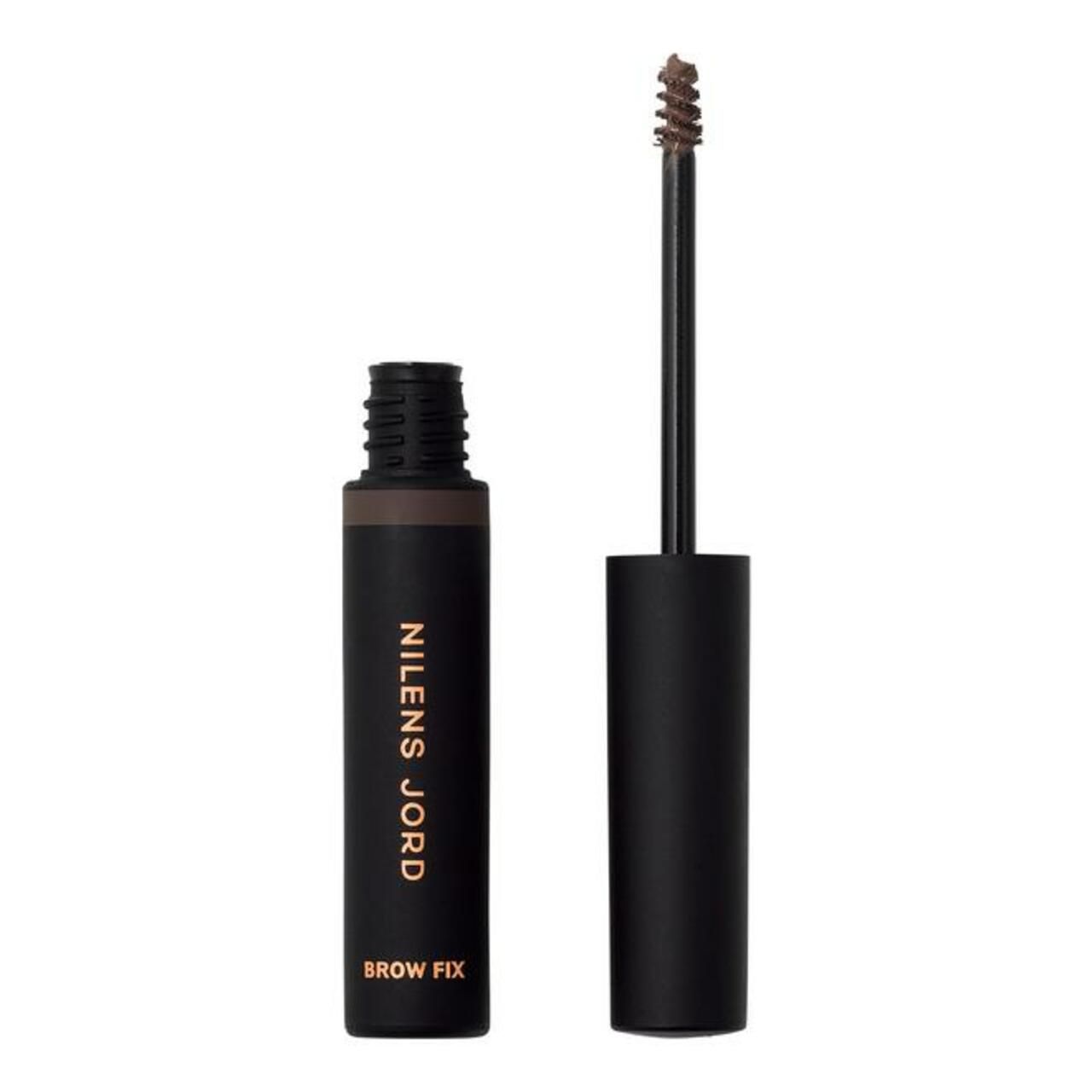 Nilens Jord Brow Fix: Schwarze Tube mit Bürstenapplikator. Dunkelbrauner Inhalt.