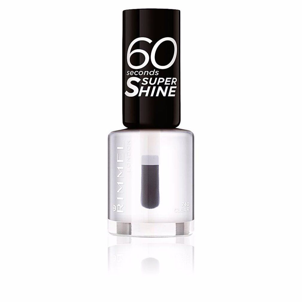 Klare Nagellackflasche mit schwarzem Deckel. Aufschrift: 60 seconds SUPER SHINE, Rimmel London, 740 Clear.