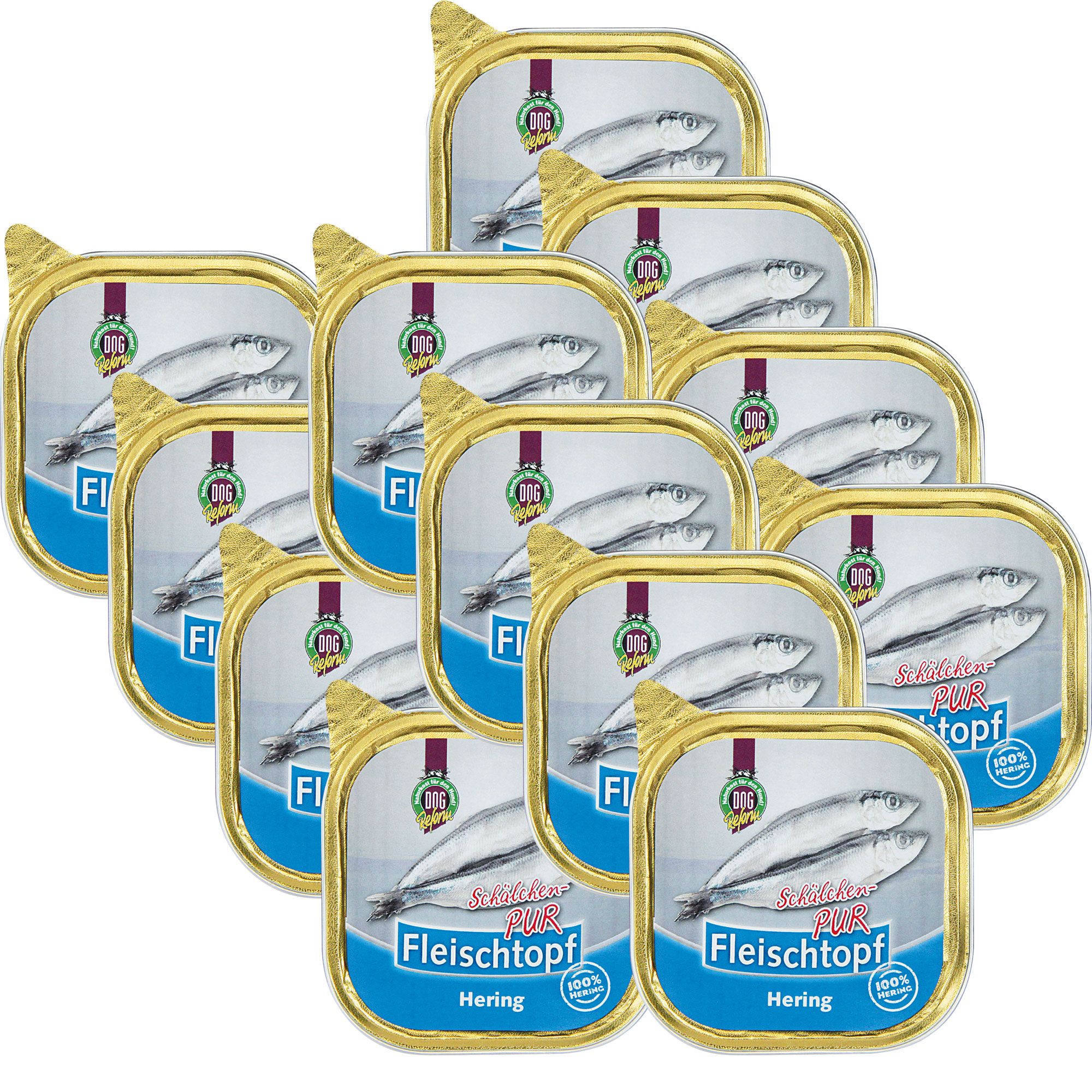 Mehrere Schälchen Nassfutter. Aufdruck: DOGREFORM Fleischtopf Schälchen-PUR Hering. 100% Fisch. Fisch-Abbildung.