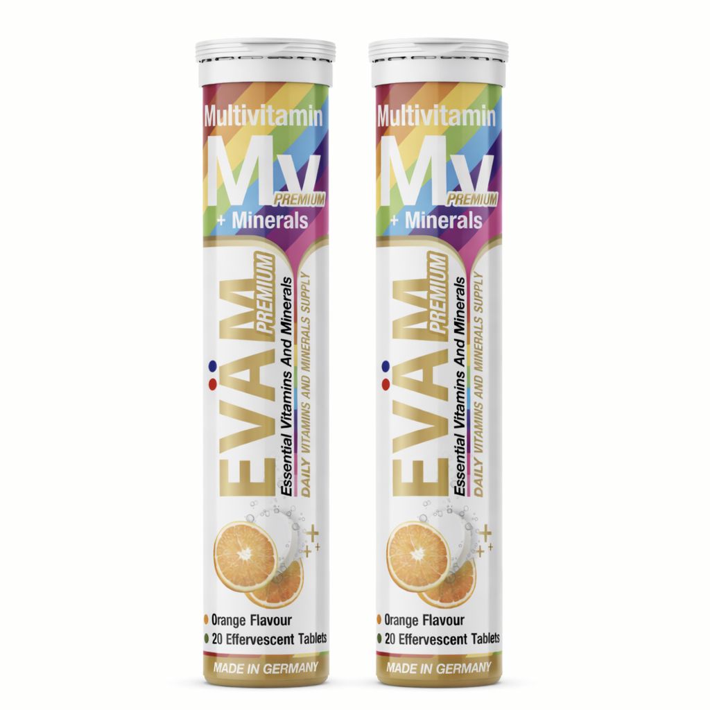 Zwei Tuben EVÄM 10 Vitaminen + 5 Mineralien. Aufschrift: Multivitamin + Mineralien, EVÄM Premium, 20 Brausetabletten, Orangen-Geschmack. Hergestellt in Deutschland.