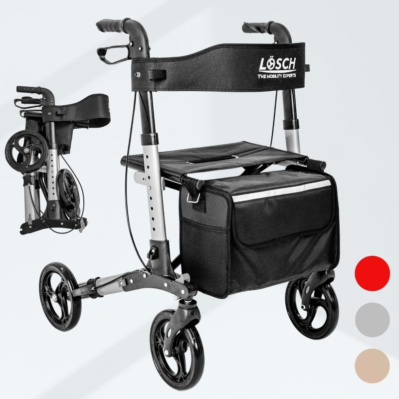 Rollator, zusammengeklappt und aufgebaut. Schwarzer Sitz, Tasche und silberfarbenes Gestell. Drei Farboptionen.