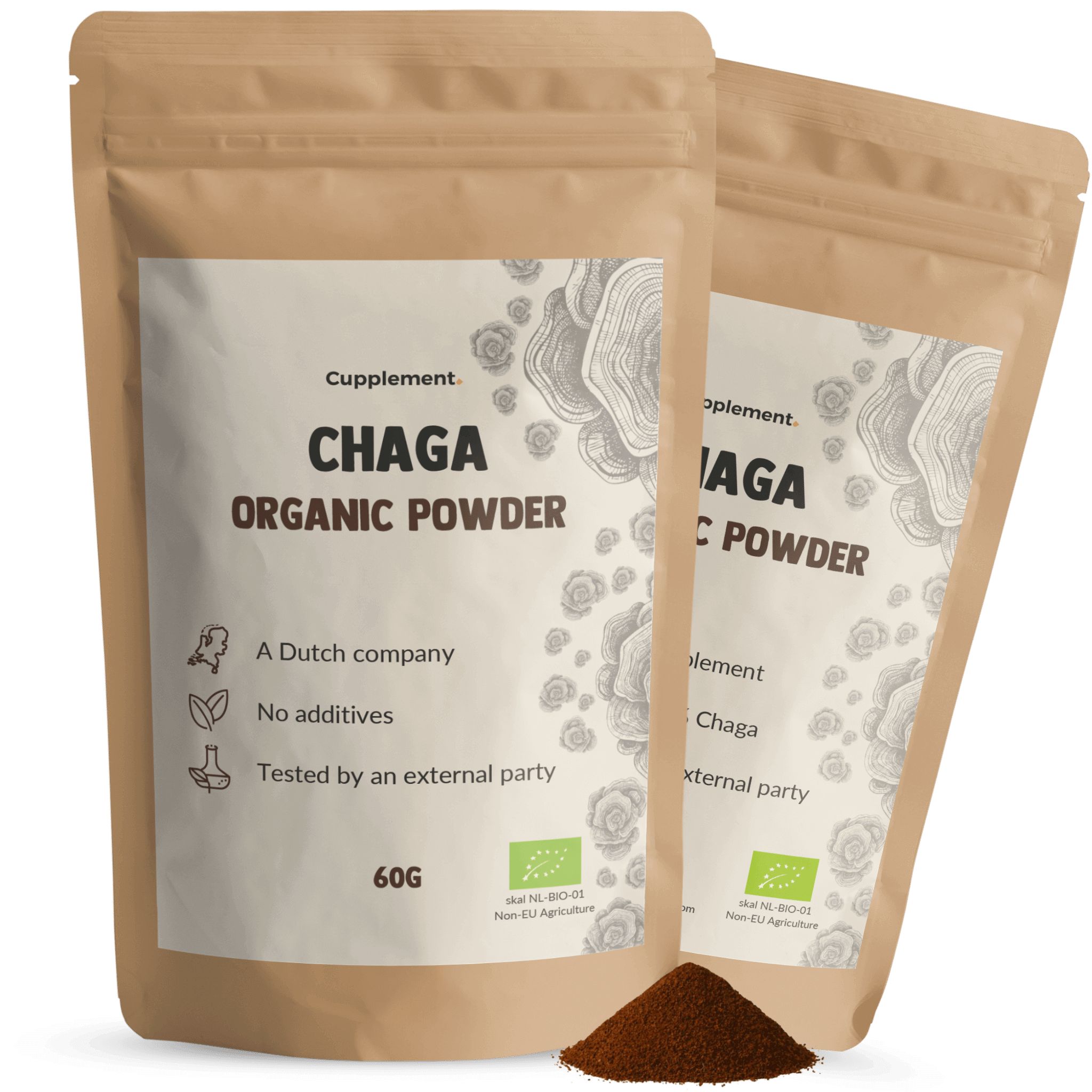 Zwei Beutel Cupplement® Chaga Organic Powder. Braune Pulvermenge daneben. Aufschrift: Chaga Organic Powder, 60g.