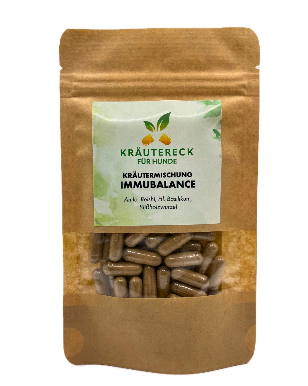 Kräutereck ImmuBalance Hund Kapseln in brauner Verpackung mit Sichtfenster. Sichtbar: Kapseln, Produktname, Zutaten.