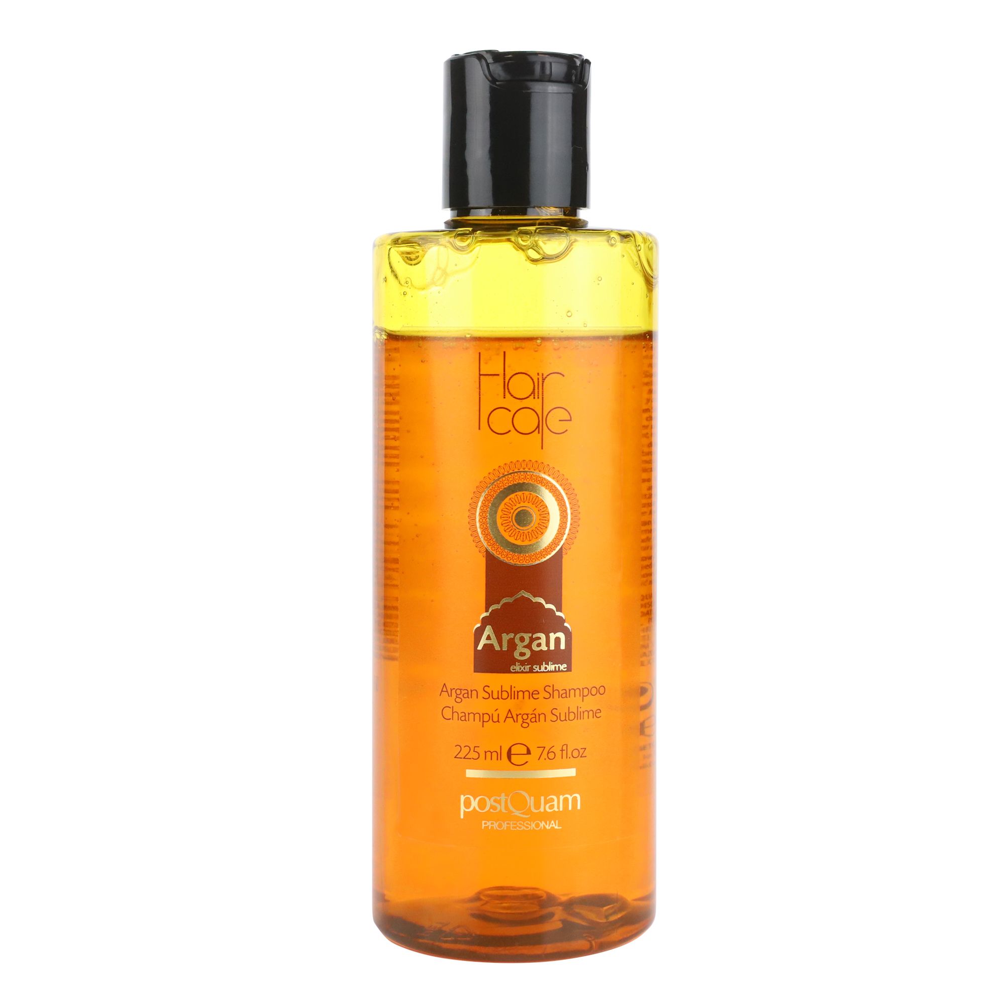 Flasche Shampoo mit Arganöl. Braune Flüssigkeit, schwarzer Deckel. Aufschrift: Hair care, Argan Sublime, postQuam.