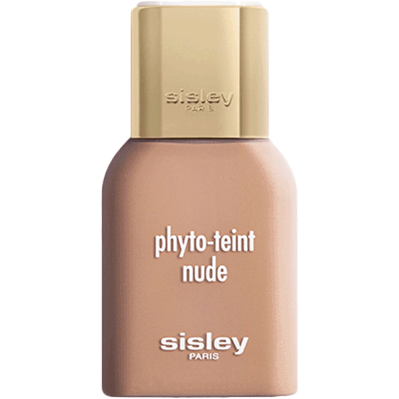 Sisley Phyto-Teint Nude Foundation. Beige Flasche mit goldfarbenem Deckel. Schriftzug: Phyto-Teint Nude, Sisley Paris.