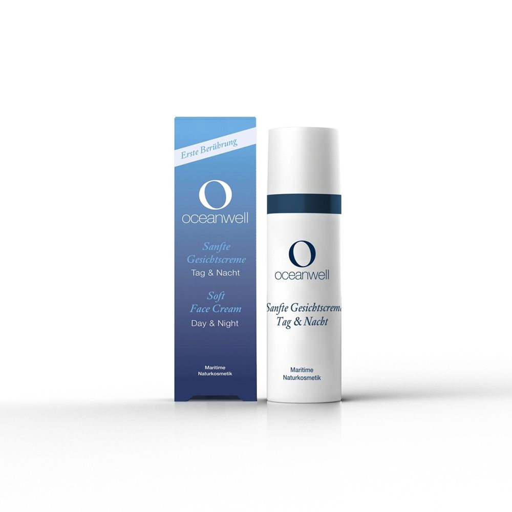 Creme-Flakon und Schachtel. Aufschrift: oceanwell, Sanfte Gesichtscreme Tag & Nacht, Soft Face Cream Day & Night. Blaue Akzente.