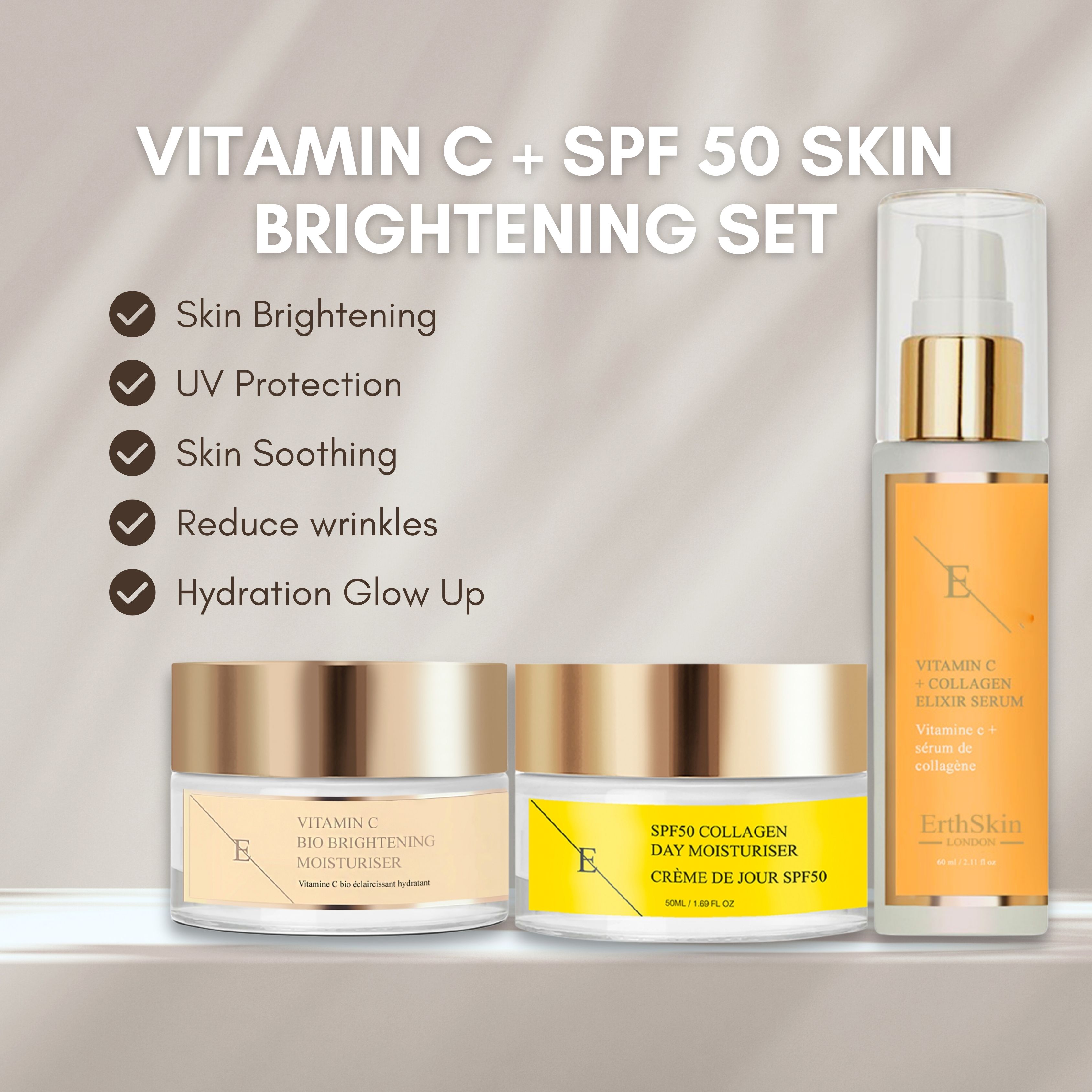 ErthSkin London VITAMIN C ELIXIER SERUM + Vitamin C Bio Brightening Moisturizer + SPF Tagescreme set