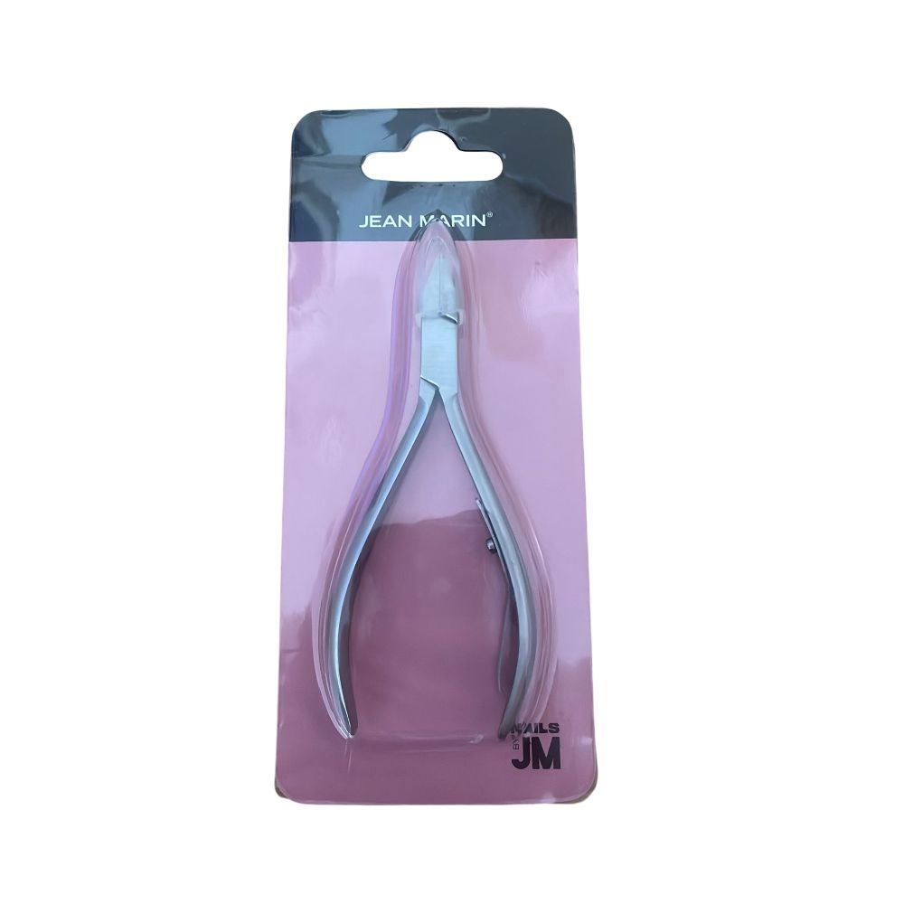 Pinzette für eingewachsene Nägel in Blisterverpackung. Marke Jean Marin. Silberfarbenes Metall, schwarze und rosa Verpackung.