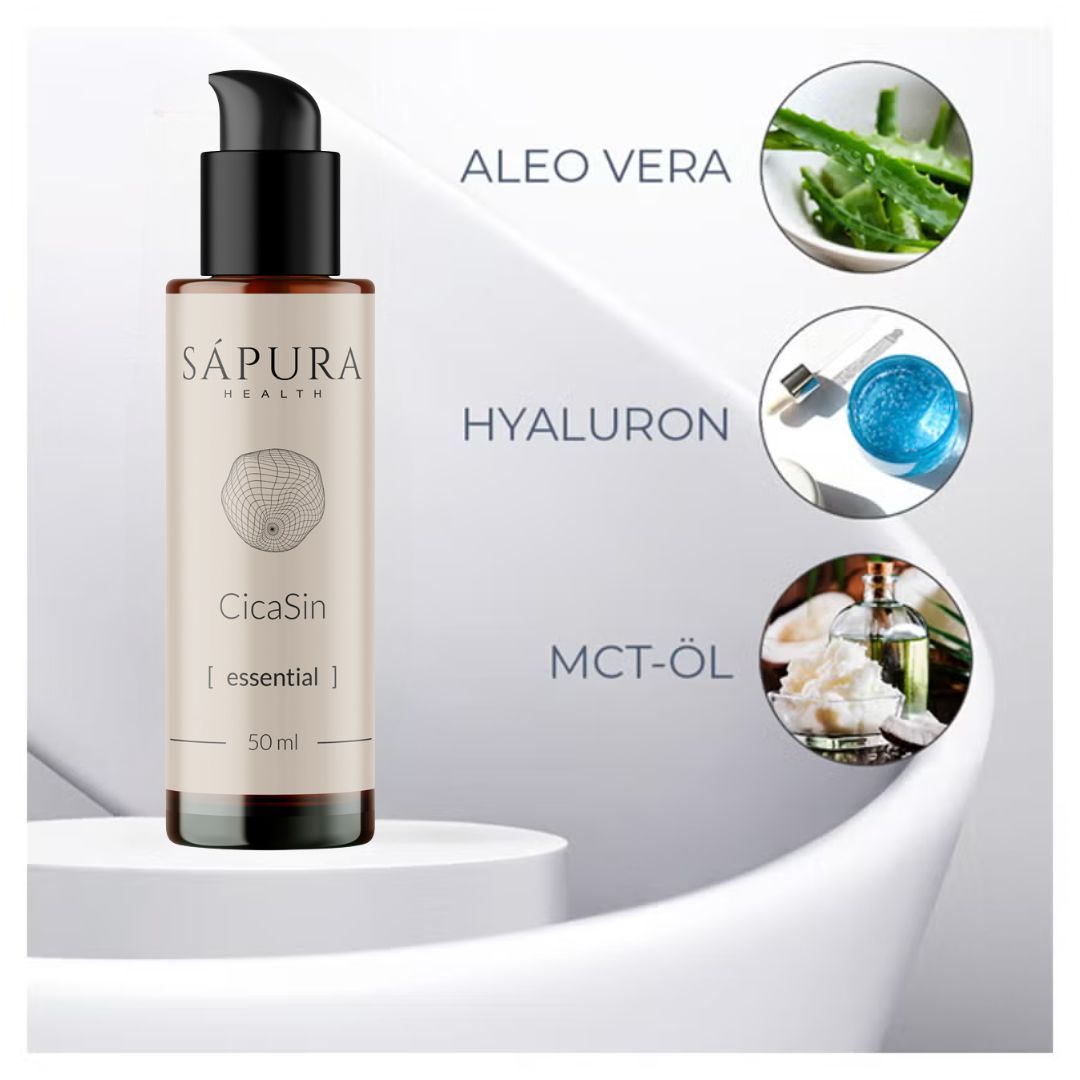 Produktflasche mit Aloe Vera, Hyaluron und MCT-Öl-Abbildungen. Aufschrift: Sápura Health, CicaSin [essential], 50 ml.