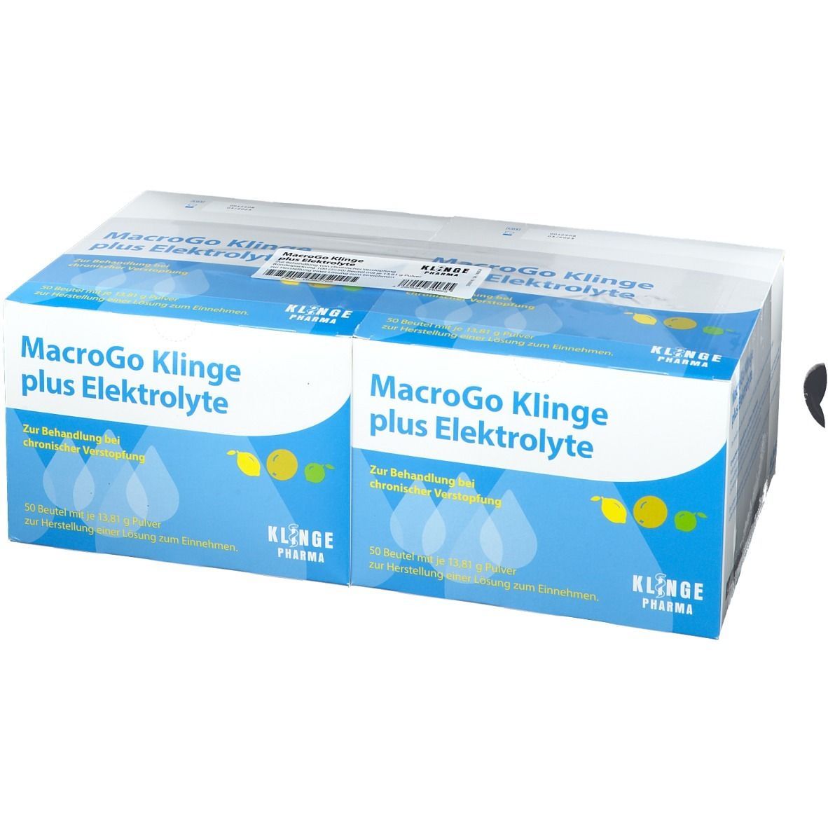 Karton mit Produktaufdruck: MacroGo Klinge plus Elektrolyte. Blaue und weiße Verpackung. Klinge Pharma Logo.